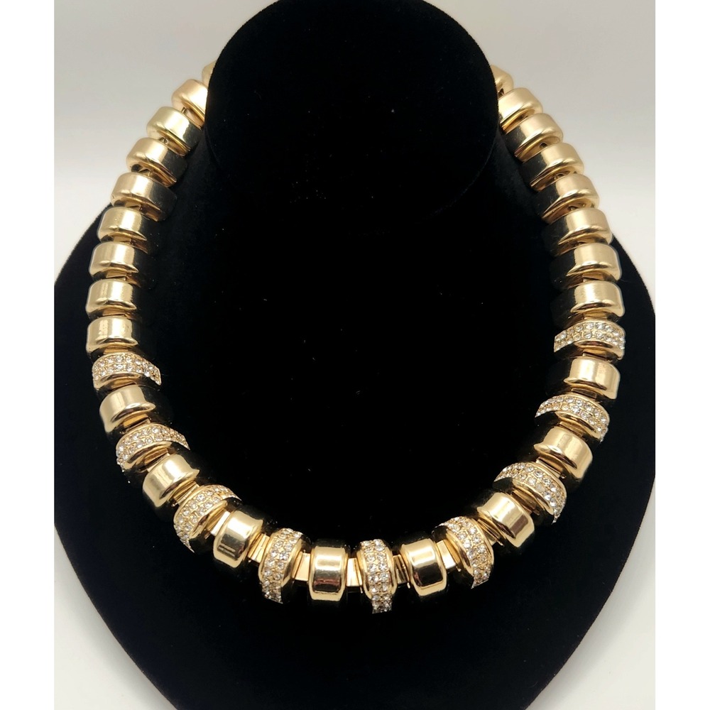 Cache Gold Tone Rhinestone Ribbed Statement Collar Necklace 18 Inch - Picture 2 of 16